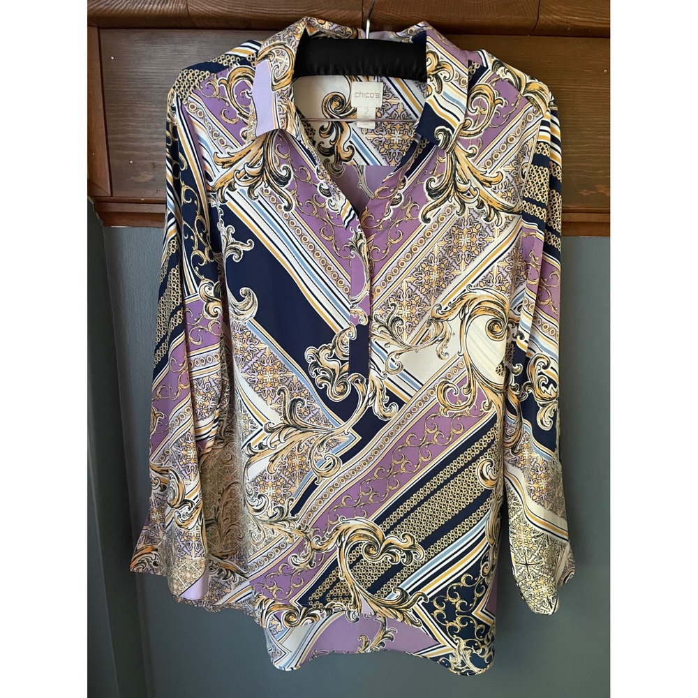 Chicos Baroque Scarf Print Tunic Top Purple Navy Gold Long Sleeve Blouse Size 2